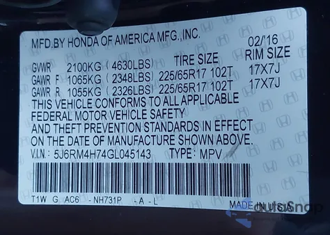 2016 Honda Cr-V Ex-L из США, поврежденный, VIN 5J6RM4H74GL045143